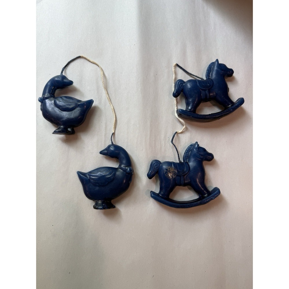 Lot of 4 Vintage Joy Blue Wax Cake Topper Candles - Rocking Horses & Geese NOS